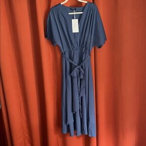 BloomChic Slate Blue Midi Dress with Tie Waist